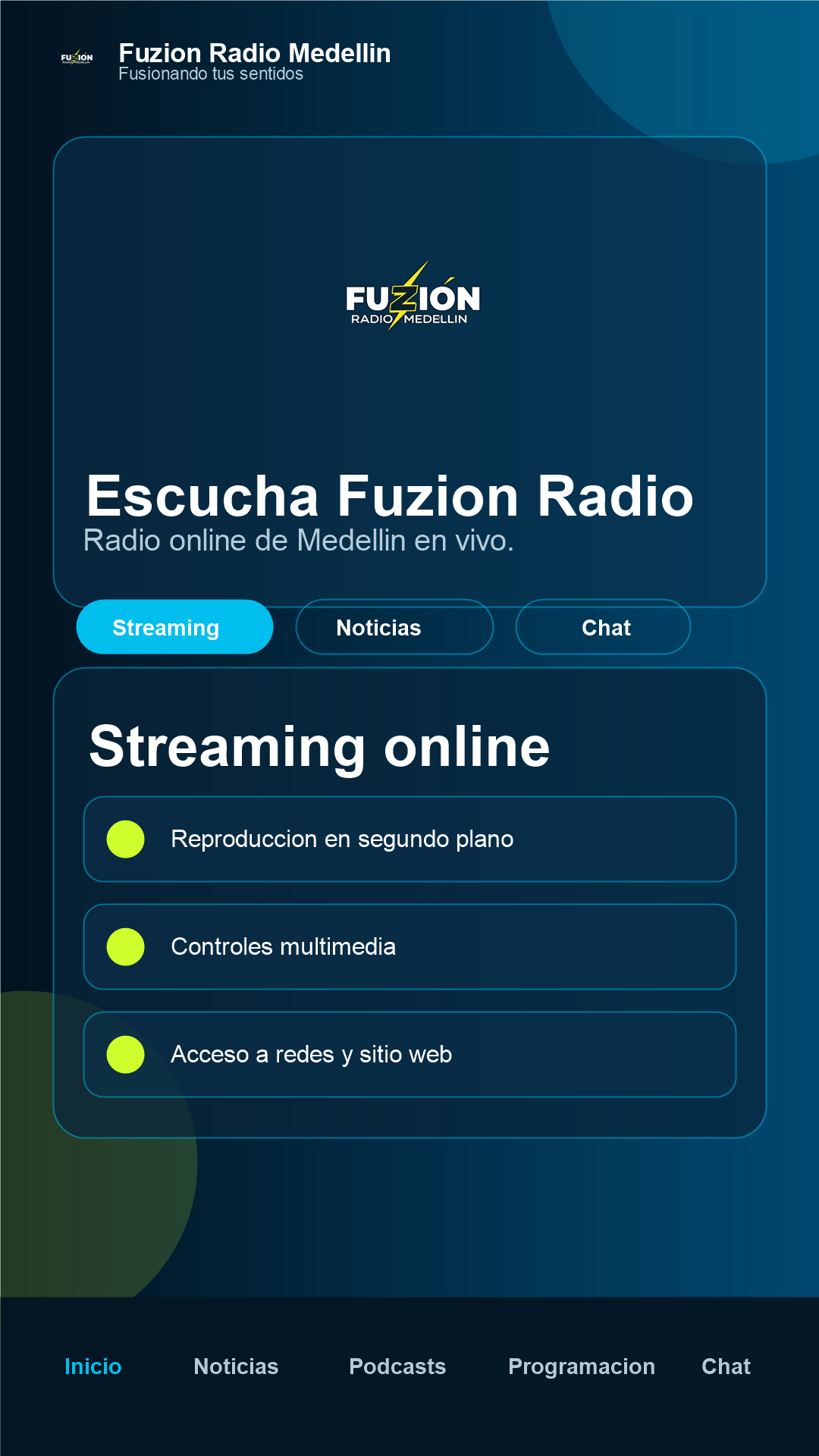 Vista de la aplicación Fuzion Radio Medellín